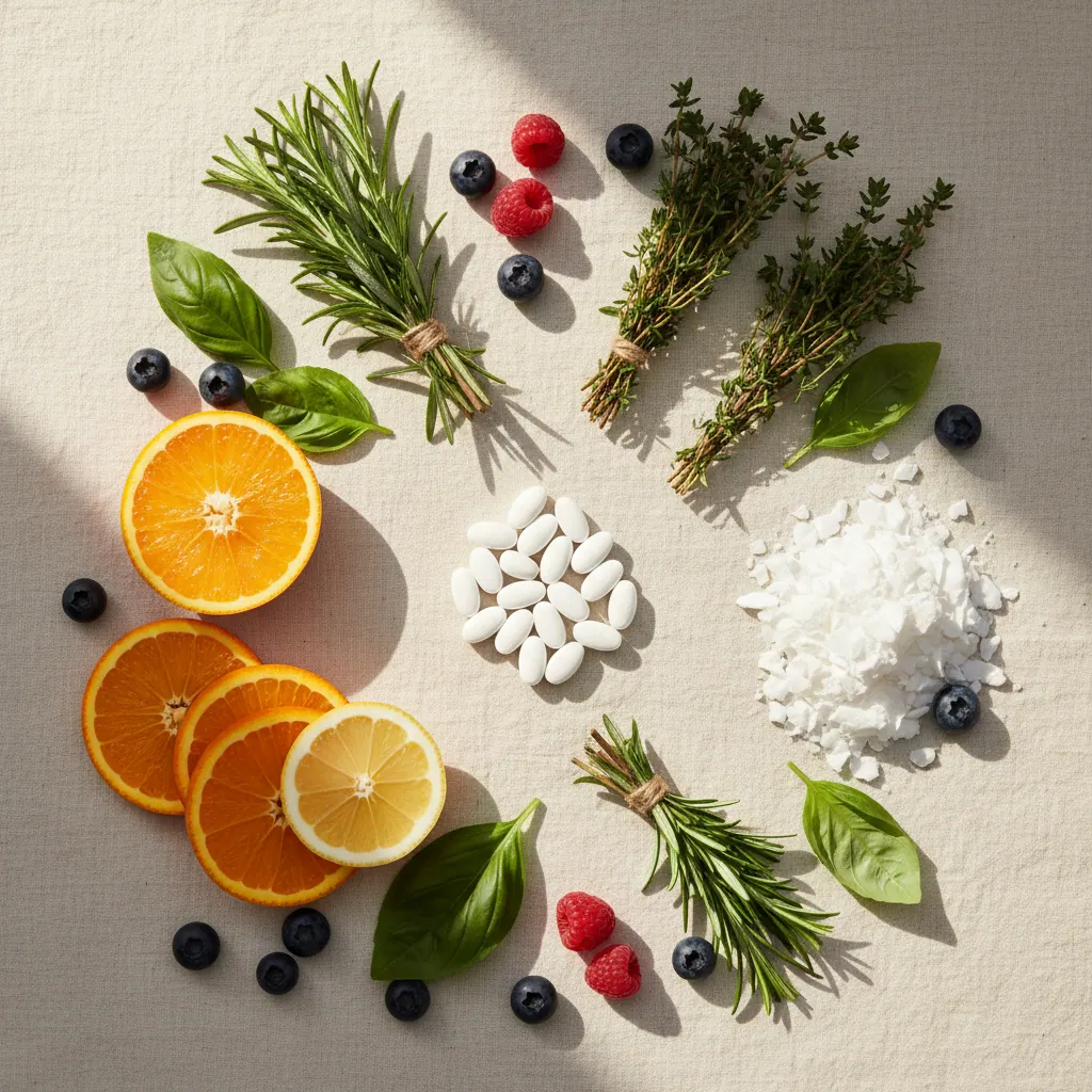 Flat-lay of natural wellness ingredients including zinc supplements, green herbs, citrus, magnesium and berries for food supplement for auditory comfort