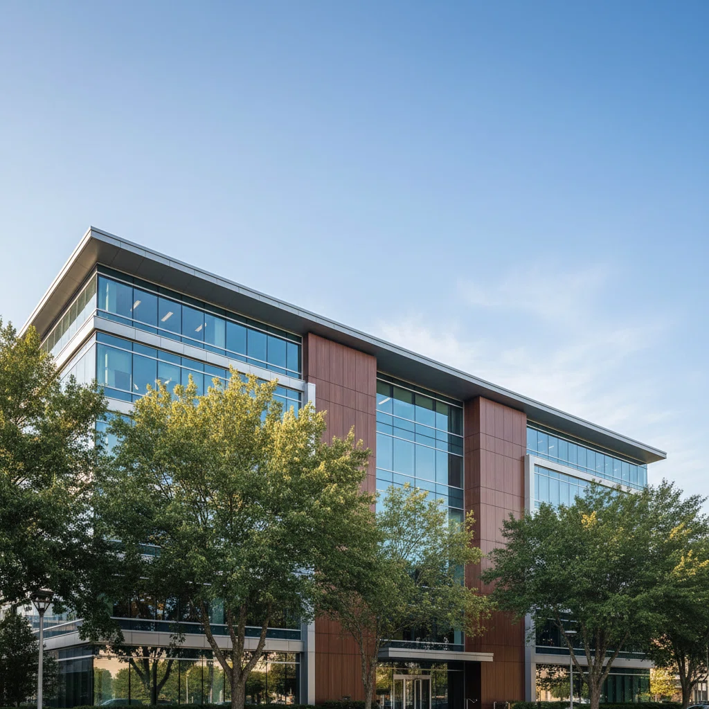Modern glass office building exterior, professional editorial headquarters